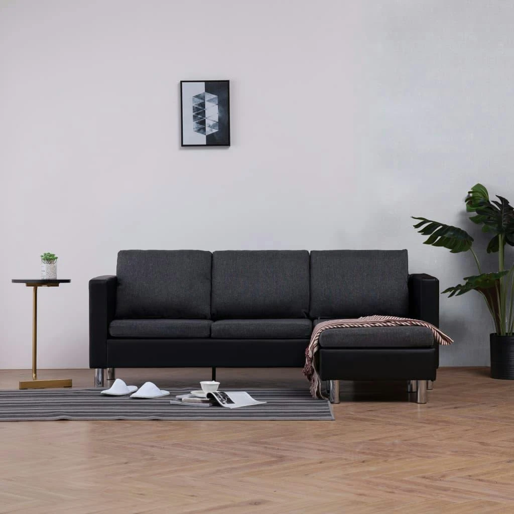 VidaXL 3-Sitzer-Sofa Mit Kissen Schwarz Kunstleder 3 VidaXL 3-Sitzer-Sofa Mit Kissen Schwarz Kunstleder