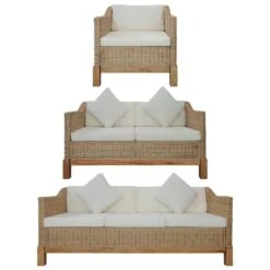 VidaXL 3-tlg. Sofagarnitur Mit Auflagen Natur Rattan